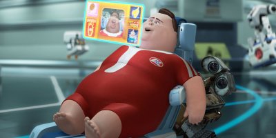 Wall-E inhabitants lounging and watching TV