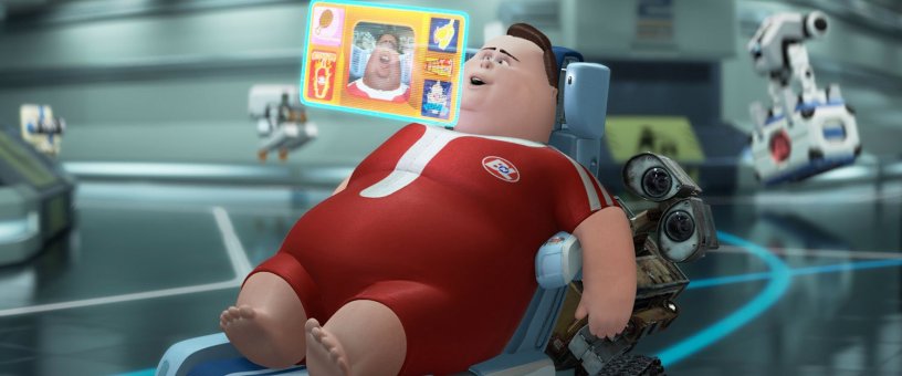 Wall-E inhabitants lounging and watching TV